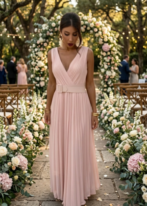 Robe de cérémonie Rose poudré longue, plissée avec ceinture