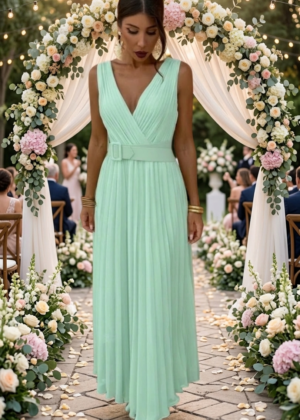 Robe de cérémonie verte claire Longue Plissée avec ceinture