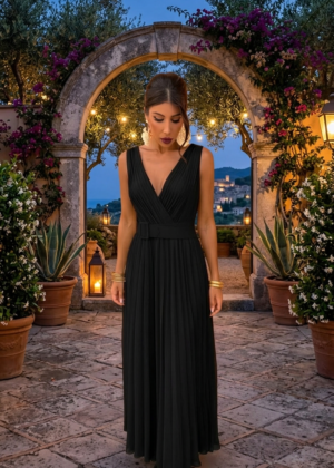 Robe de soirée Noire , Longue, Plissée avec ceinture