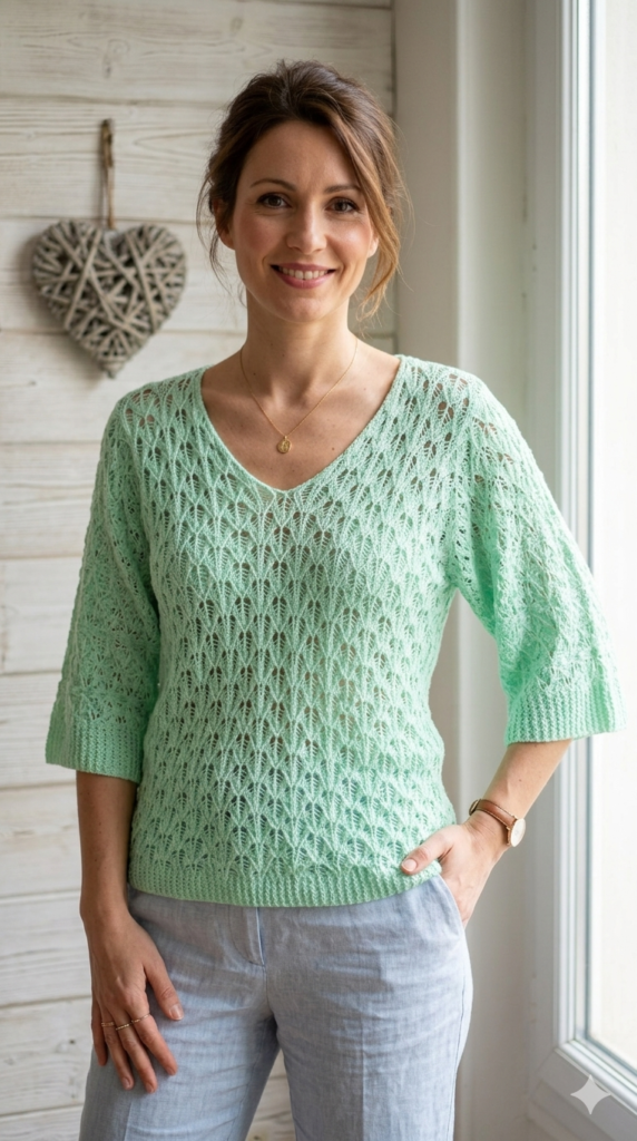 Pull en Maille Ajourée Vert d’eau à col V