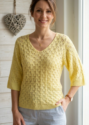 Pull en Maille Ajourée Jaune Clair à Col V
