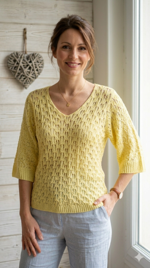Pull en Maille Ajourée Jaune Clair à Col V