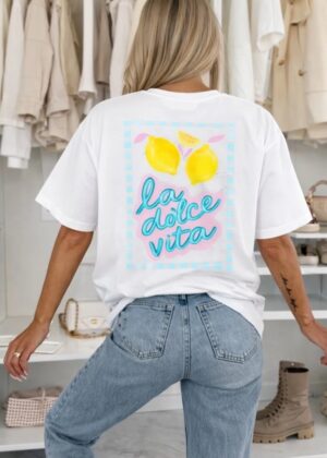 T-shirt Femme Blanc "La Dolce Vita" - Motif Citrons - Style Été Chic et décontracté