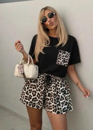Ensemble Coordonné Femme : T-shirt Poche et Short Fluide Imprimé Léopard