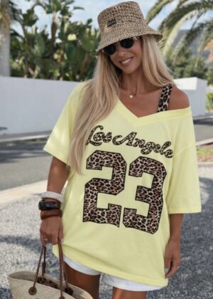 T-shirt Oversize " Los Angeles 23 " - Imprimé Léopard et Jaune - Style Californien
