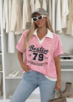 Polo Sweat Femme Imprimé Léopard Rose - Style " Boston 79 "