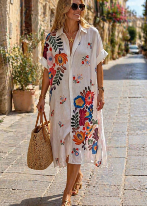 Robe Chemise Blanche Imprimée Effet Lin Grande Taille du 42 au 48