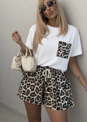 Ensemble Coordonné Femme : T-shirt Poche et Short Fluide Imprimé Léopard