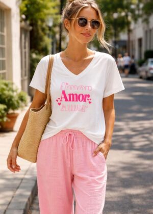 T-shirt Femme Blanc Col V "Amor"