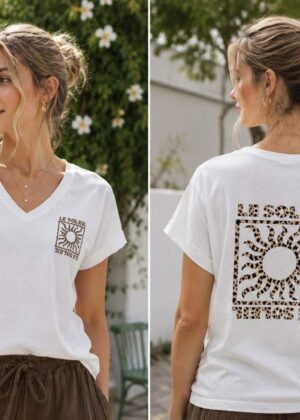 T-shirt Femme Soleil Marron et Blanc
