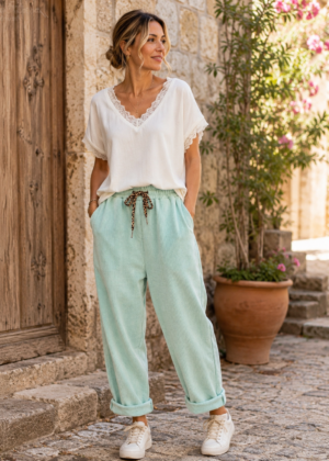Pantalon Jogging en Velours Vert Menthe