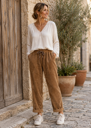Pantalon Jogging en Velours Camel