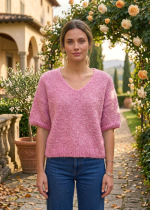 Pull Douillet Rose Bonbon manches courtes