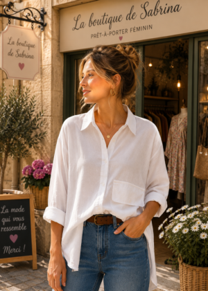 Chemise blanche oversize femme 100 % coton manches longues.