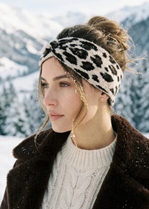 Bandeau de tete femme en maille taupe motif léopard.