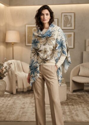 Echarpe fleurie douce femme beige et bleue 180x090 cm.